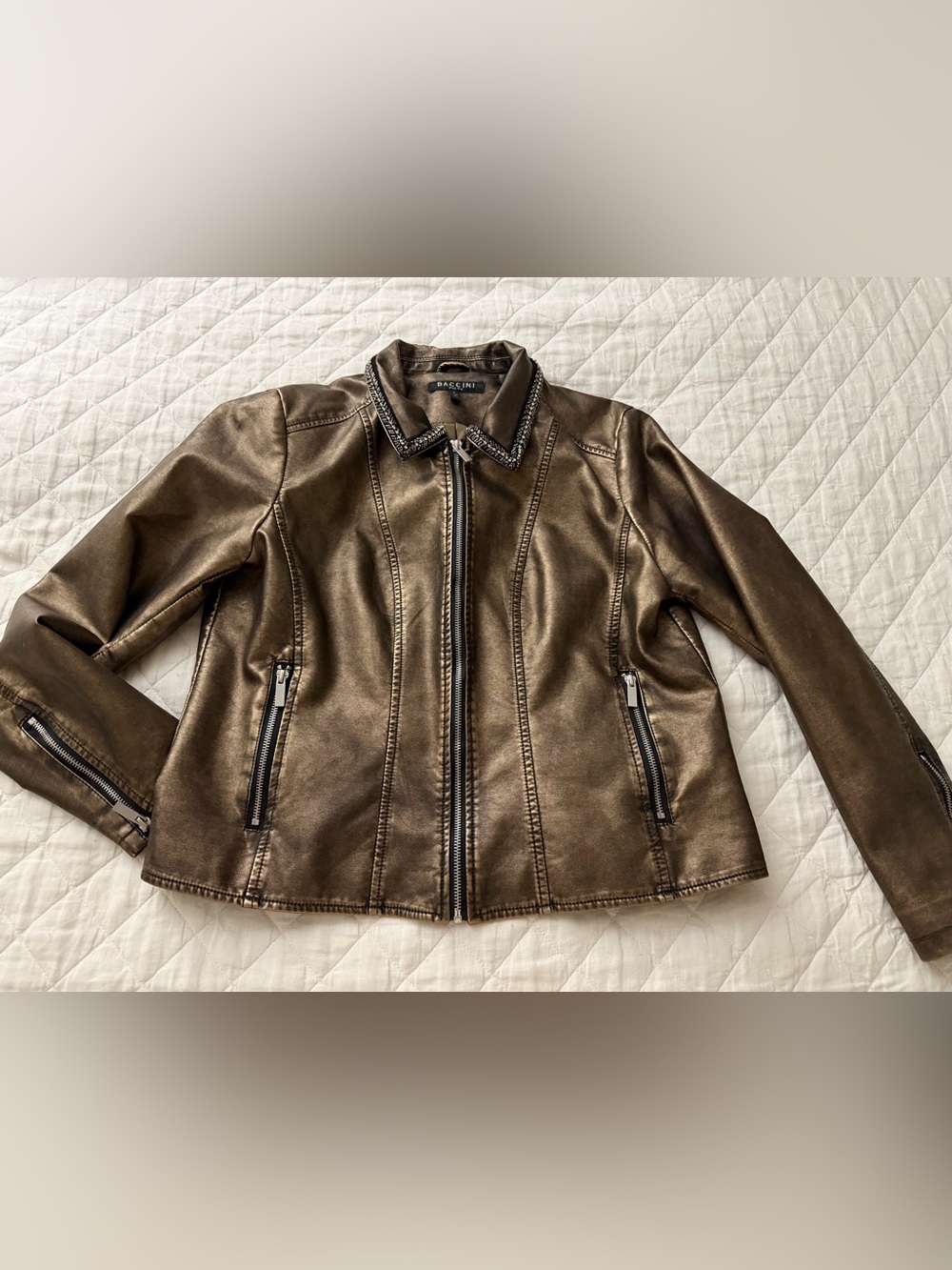 Baccini Metallic Bronze beaded  faux leather Zip Jacket L EUC